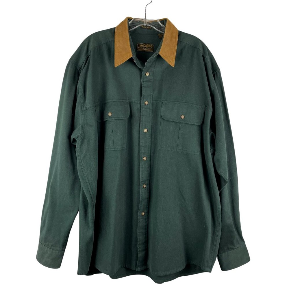 Eddie Bauer Rufton Twill Shirt Suede Collar Cotton Green
